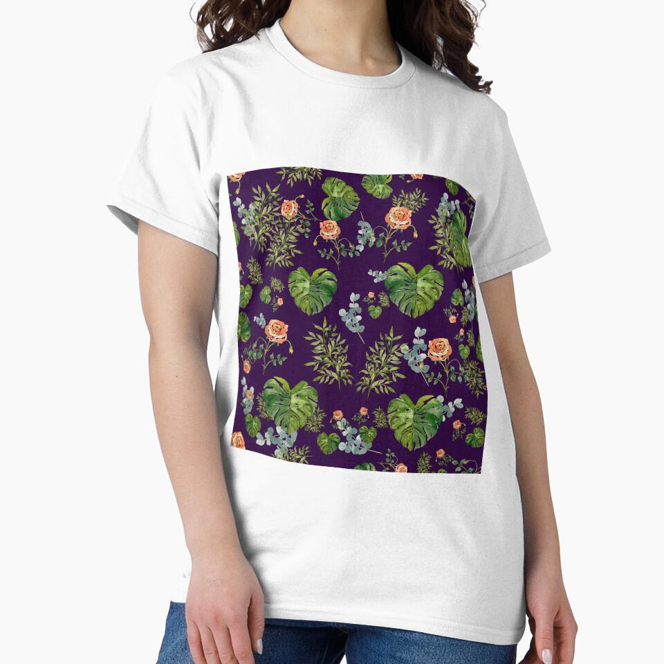 Rose flower palm leaf branch pattern watercolor violet by Yana Mustafina | Boho Soulful Designs T-Shirts,... (Image 2)