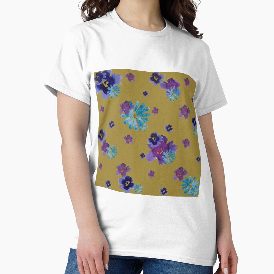 Violet daisy blue flower yellow pattern watercolor by Yana Mustafina | Boho Soulful Designs T-Shirts, Hoodie,... (Image 2)