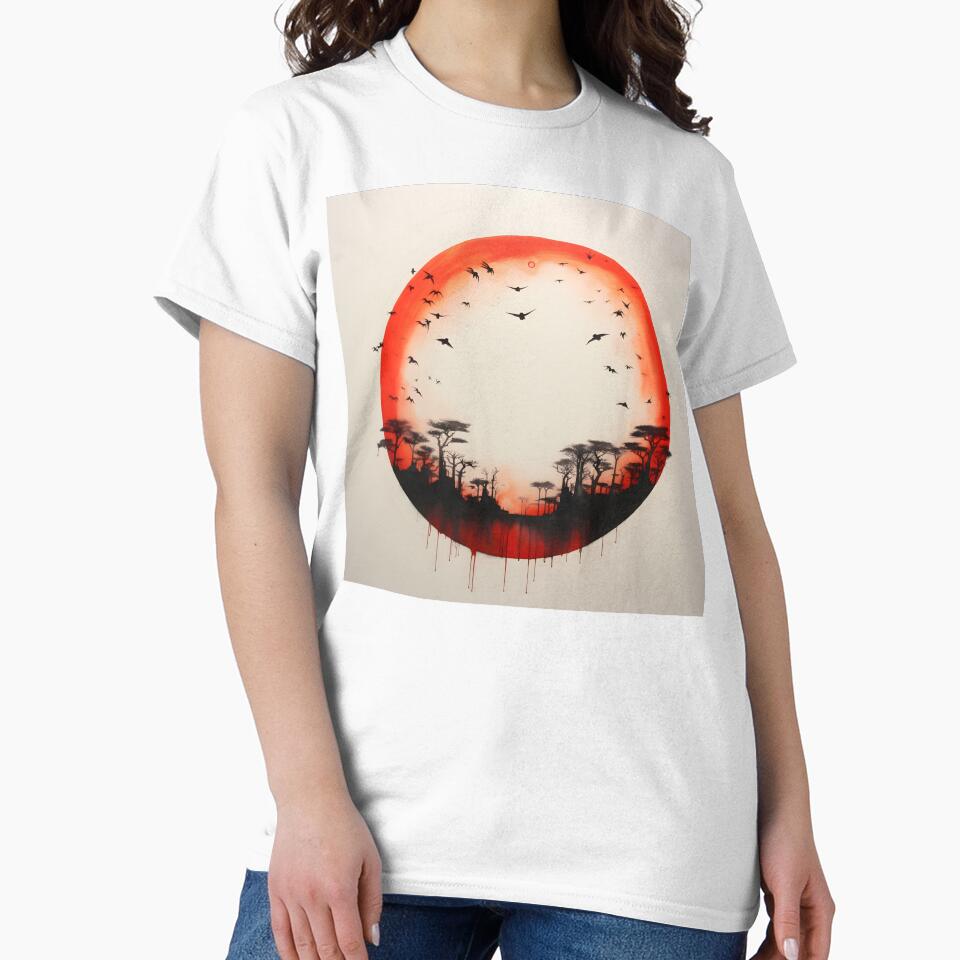 Minimalist red sun art print, birds by dcrc