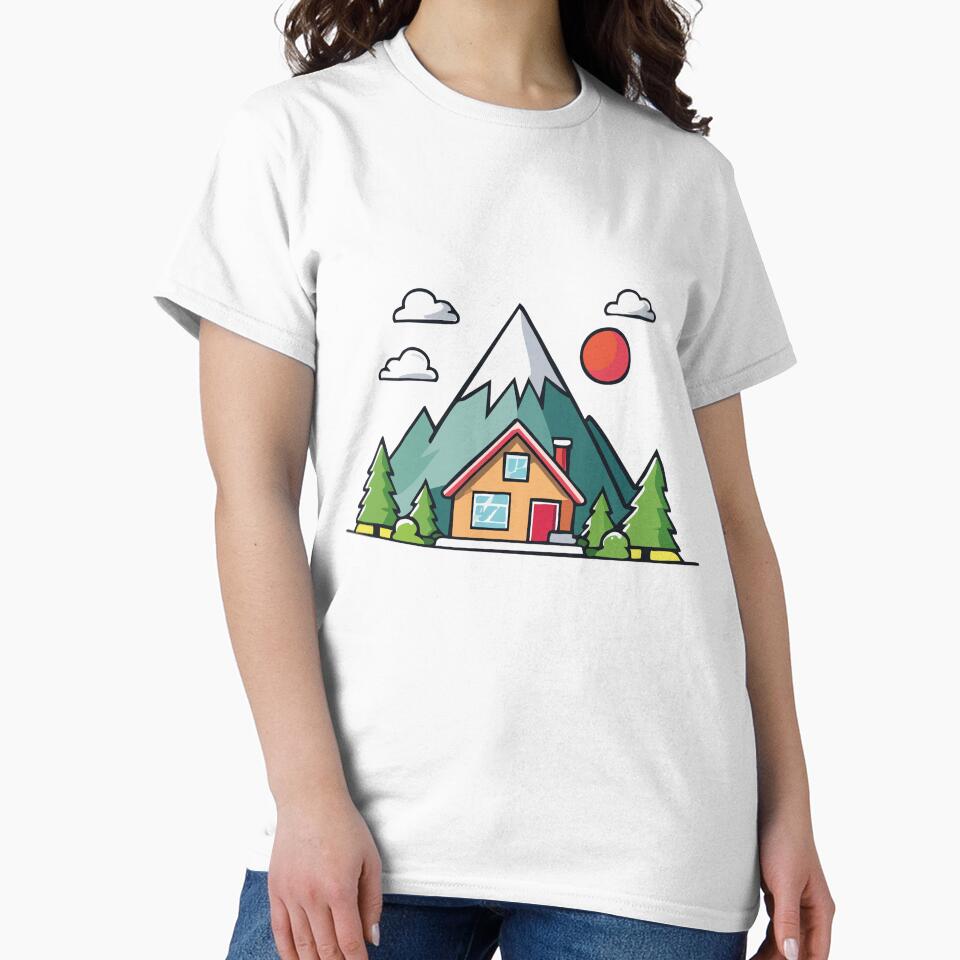 Little mountain house with clouds, sun and trees in the mountain by Eva-Designs- T-Shirts, Hoodie, Sweatshirt (Image 2)