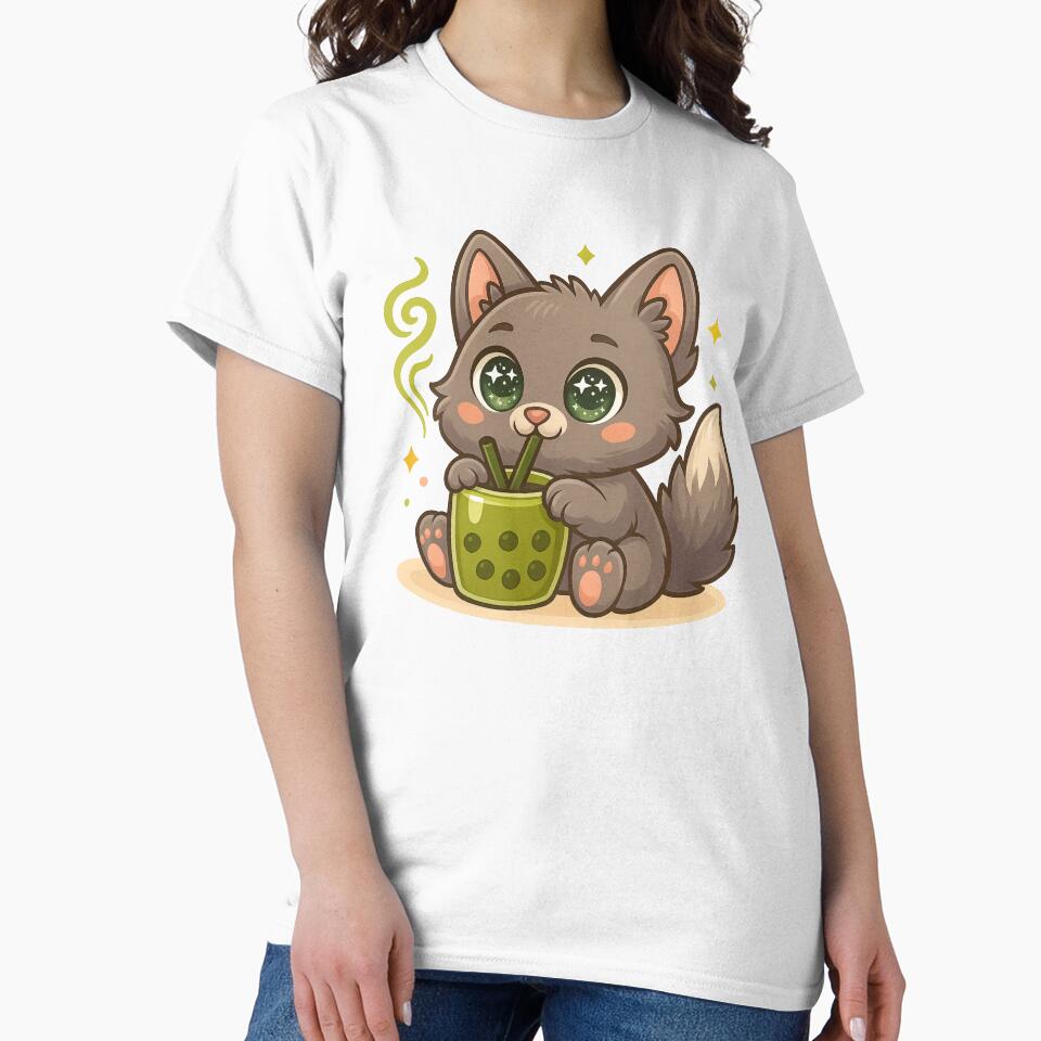 Kawaii Grey Cat Drinking Matcha Boba – Chibi Style Art by midnightloom T-Shirts, Hoodie, Sweatshirt (Image 2)