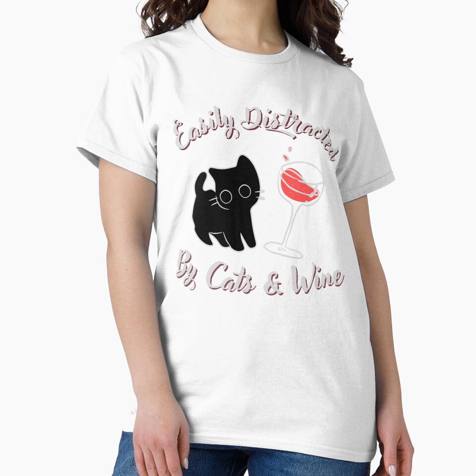 Easily Distracted by Cats and Wine – Funny Cat Mom Quote by puurfectcat T-Shirts, Hoodie, Sweatshirt (Image 2)