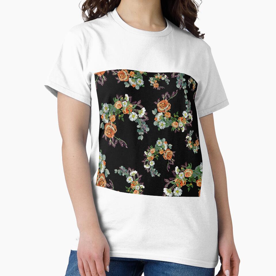 Flower rose daisy branch pattern a watercolor black by Yana Mustafina | Boho Soulful Designs T-Shirts, Hoodie,... (Image 2)