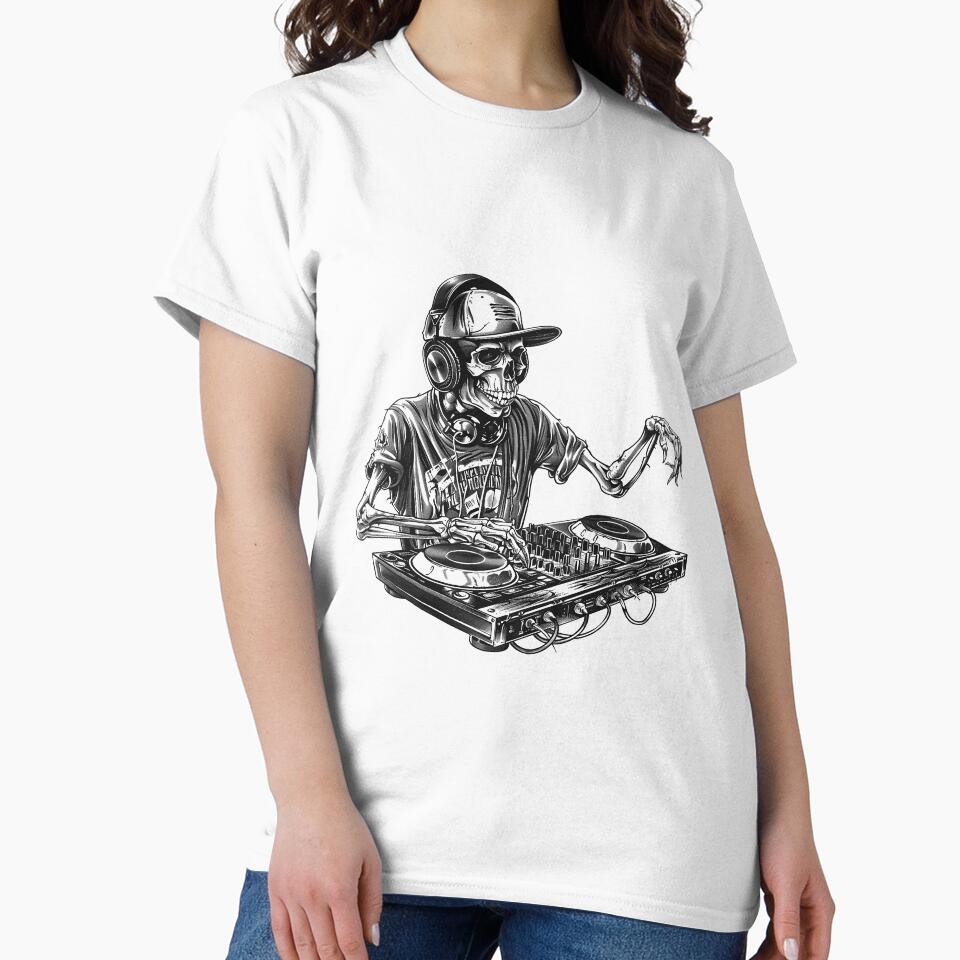 Skeleton DJ Mixing – Edgy Black and White Music Lover Illustration by inkoutninja T-Shirts, Hoodie, Sweatshirt (Image 2)