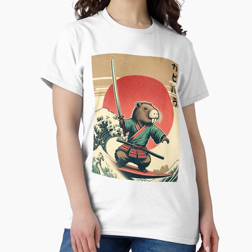 Capybara Surfing a Great Wave Japanese Retro Art by HearMeRoarDesignsCo T-Shirts, Hoodie, Sweatshirt (Image 2)