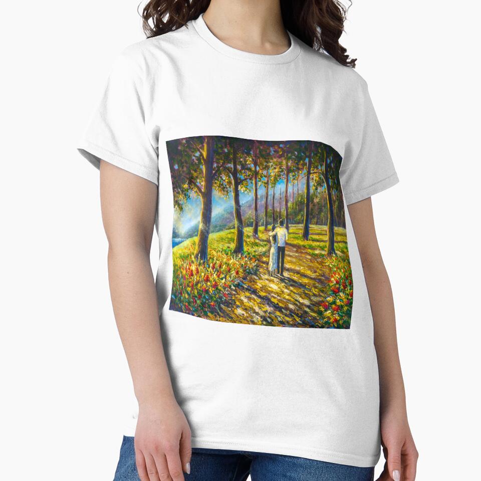Romantic couple walking in sunny park forest painting. Painting by Valery Rybakou by rybakowvalery T-Shirts,... (Image 2)
