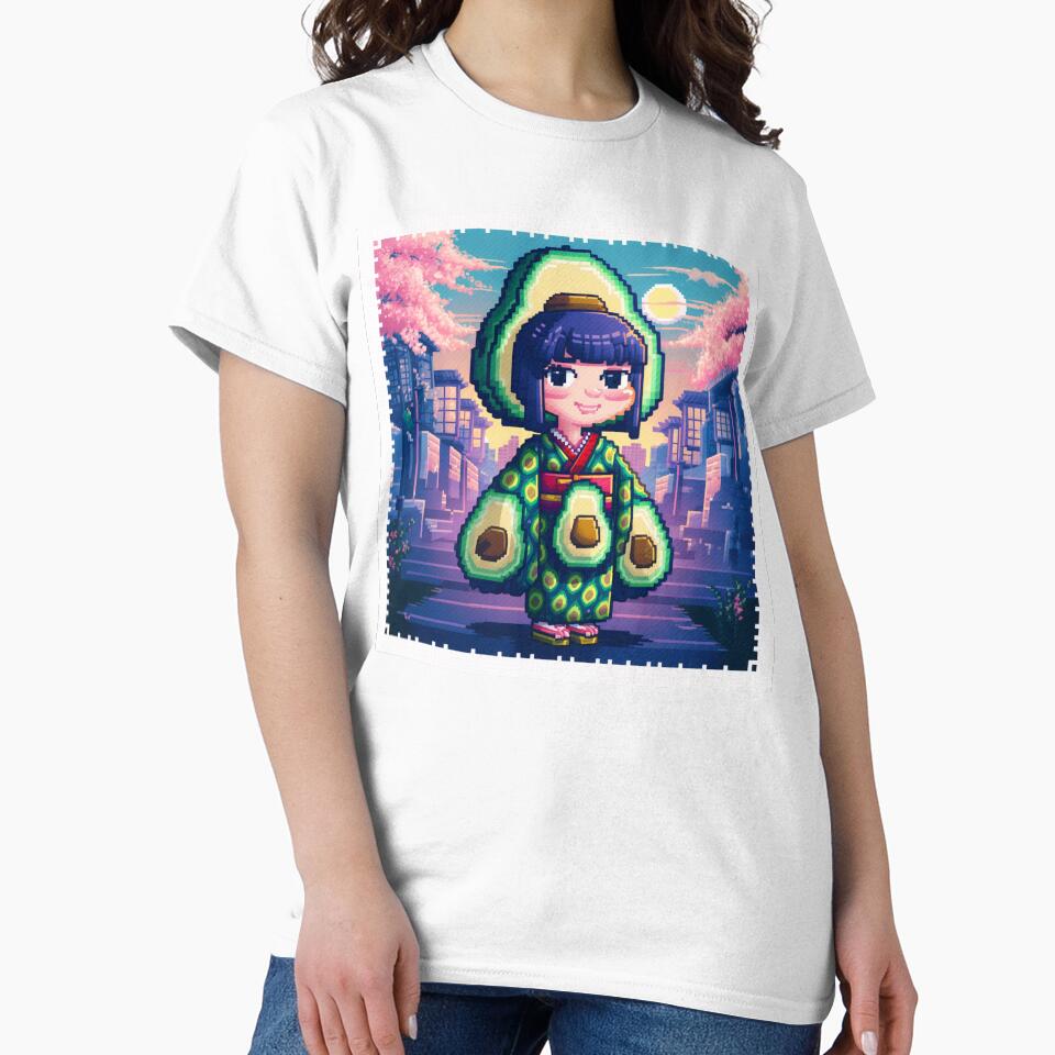 Pixel Art Japanese Girl with Avocado/Palta Design - Retro Art for Clothing, Mugs, Accessories, and Stickers by... (Image 2)