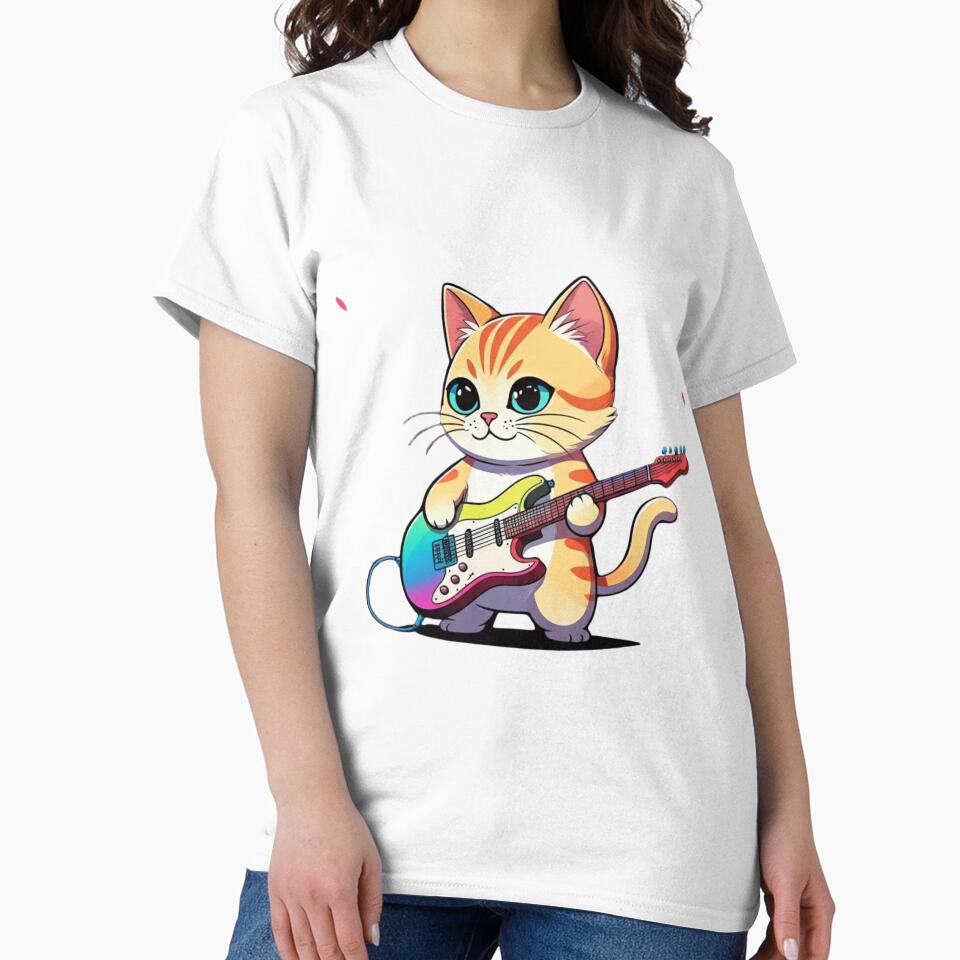 Rockstar Cat – Funny Kawaii Chibi Cat Playing Electric Guitar | Minimalist Premium Neon Design by ColorSplash123