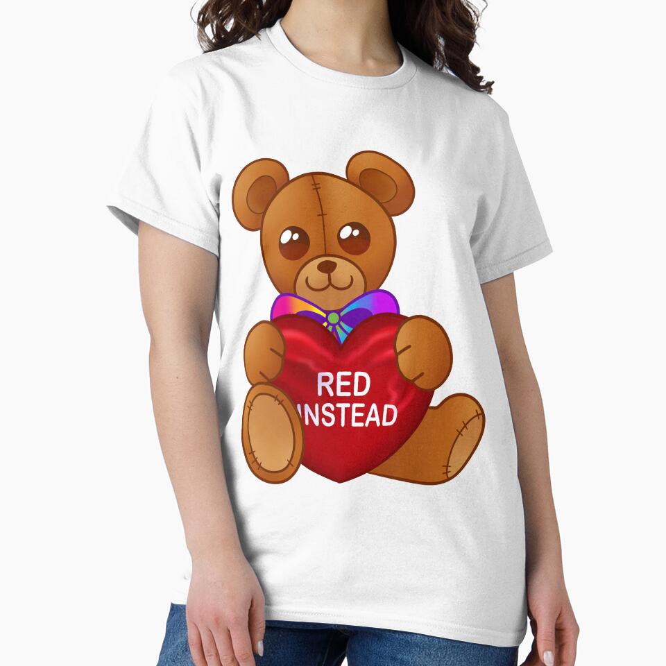 "Red Instead" Autism Awareness Teddy Bear with Red Heart by PictionaryModus T-Shirts, Hoodie, Sweatshirt (Image 2)