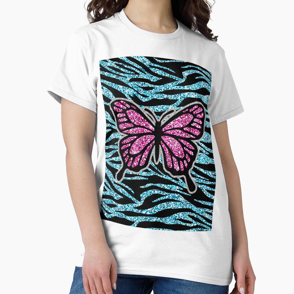Y2k early 2000s aqua blue glitter zebra print butterfly by rhinestonerodeo