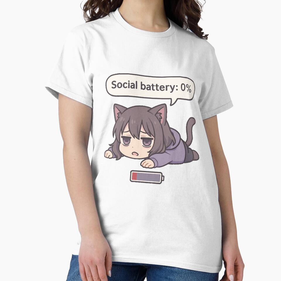 Social Battery: 0% – Tired Kawaii Cat Girl Design by LineVerse T-Shirts, Hoodie, Sweatshirt | BlankRebels.com (Image 2)