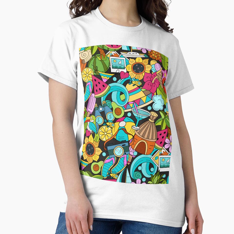 Hand drawn cartoon seamless pattern Doodle summer vacation poster design template. by ketkidesign T-Shirts,... (Image 2)