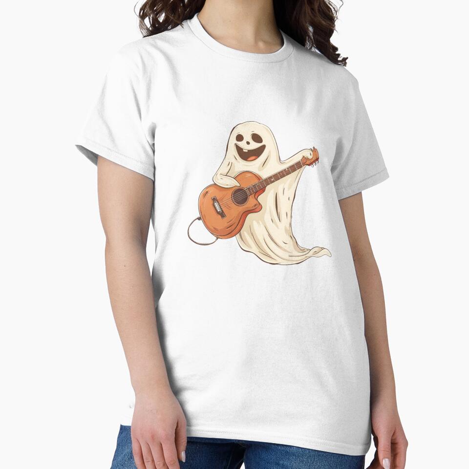 Happy Halloween Ghost – Funny Cartoon Spirit Playing Acoustic Guitar Illustration by EchoofElijah T-Shirts,... (Image 2)
