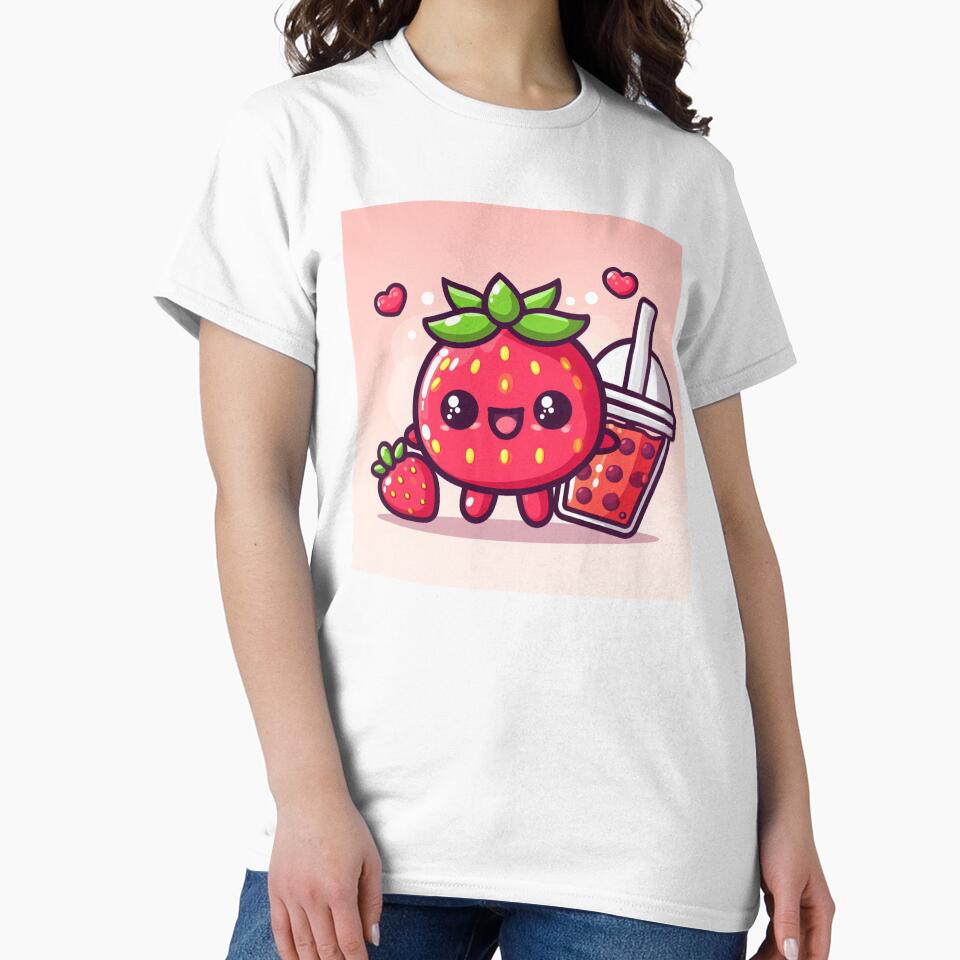 Cute little kawaii strawberry with a strawberry bubble tea drink by SaraDatCool T-Shirts, Hoodie, Sweatshirt (Image 2)