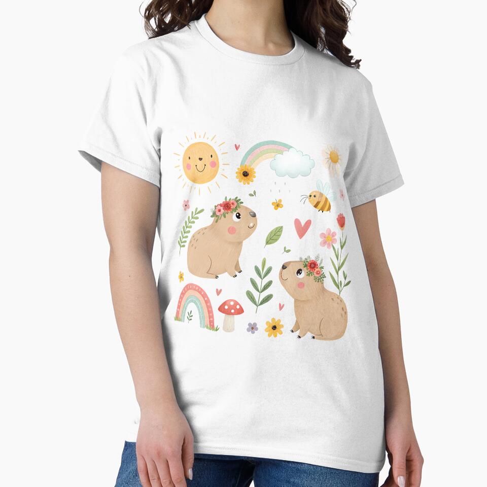 A0735 Springtime Capy Vibes Cute Capybara with Flowers | Relaxing Animal Aesthetic by angieart68 T-Shirts,... (Image 2)
