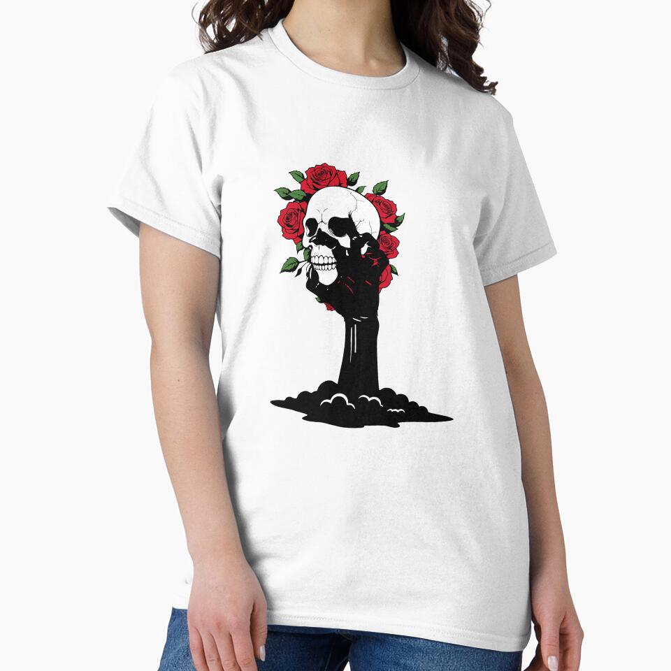 Gothic Skull with Red Roses Dark Ink Illustration by Midnight Roses Collection T-Shirts, Hoodie, Sweatshirt (Image 2)