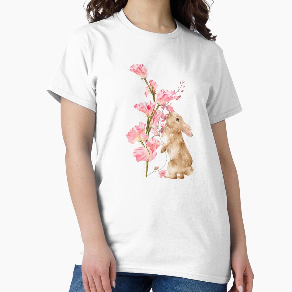 Cute bunny sniffing flowers watercolor by EmmeKas T-Shirts, Hoodie, Sweatshirt | BlankRebels.com (Image 2)