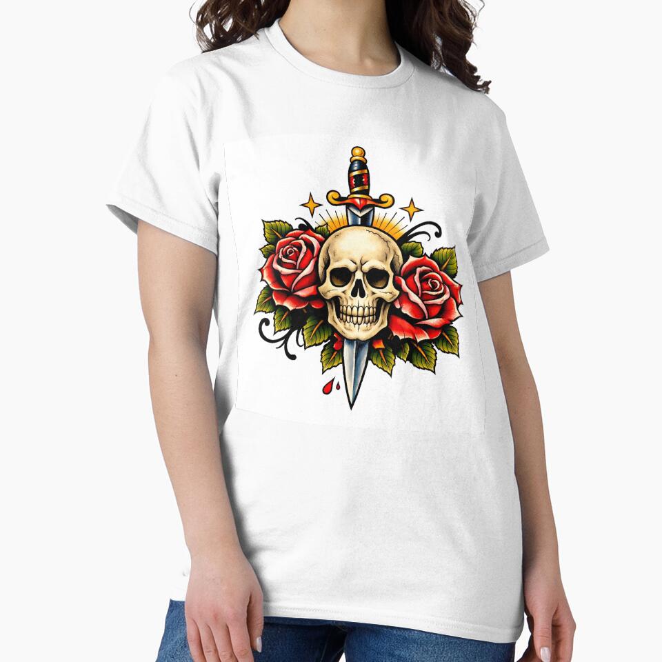 Skull and Dagger with Red Roses – Traditional Tattoo Art by creativevandal T-Shirts, Hoodie, Sweatshirt (Image 2)