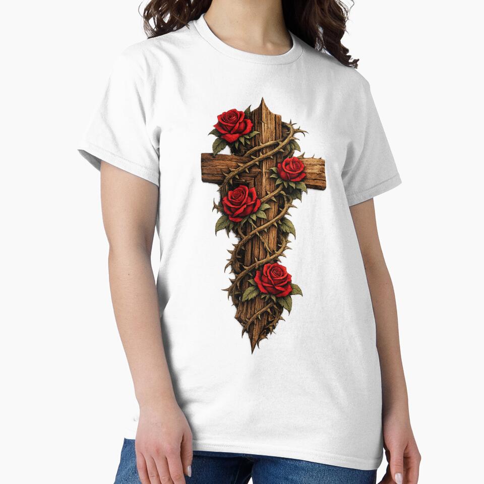 Wooden Cross With Vine Of Roses Streetwear by Lowkloot