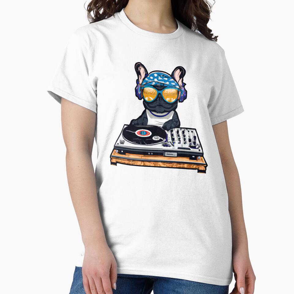 French Bulldog DJ wearing sunglasses - Cool Frenchie Music Dog Design by Vividality T-Shirts, Hoodie, Sweatshirt (Image 2)