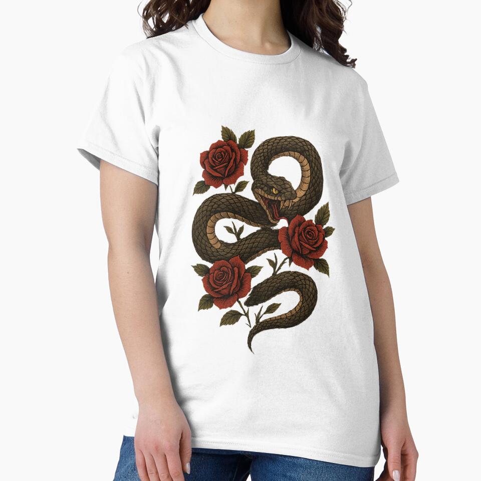 “Venom & Bloom – Snake with Roses Gothic Art” by DailyVibesCo