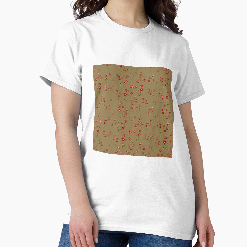 Flower red pattern a cute watercolor illustration khaki by Yana Mustafina | Boho Soulful Designs T-Shirts,... (Image 2)