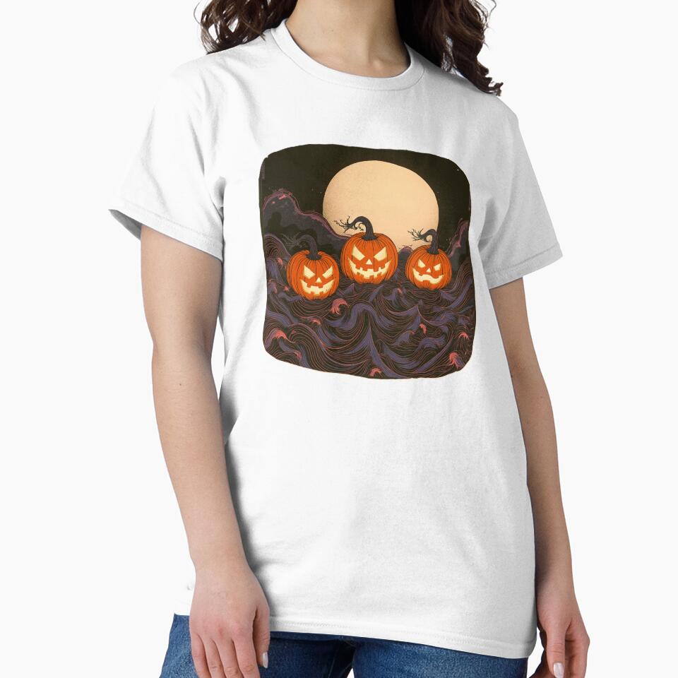 Three Jack-o'-Lanterns Floating on a Wave Pattern Halloween T-Shirt, Tee, Hoodie, Sweatshirt, Long Sleeve by... (Image 2)