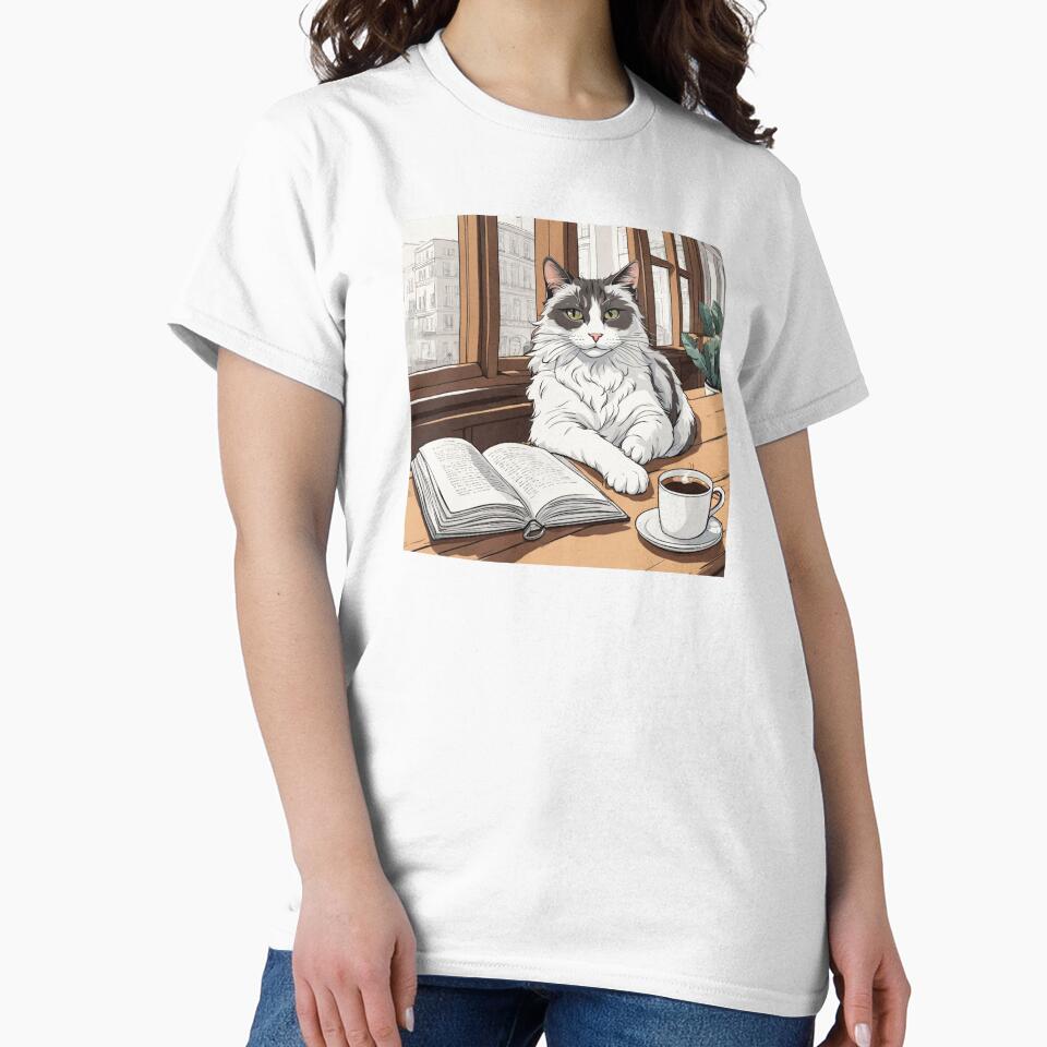 A cat lounging on a table with a cup of coffee and a book by othmanebhl T-Shirts, Hoodie, Sweatshirt (Image 2)