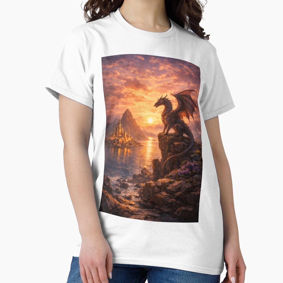 Dragon Guardian at Sunset – Fantasy Castle and Sea Landscape by DrakariArt