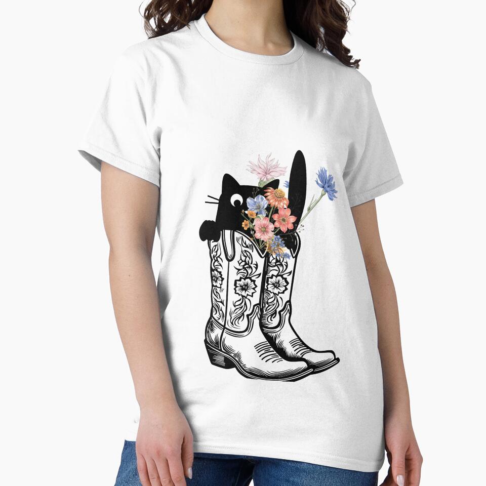 Cow girl boots with wild flowers peeping black cat by ClickATee Store T-Shirts, Hoodie, Sweatshirt (Image 2)