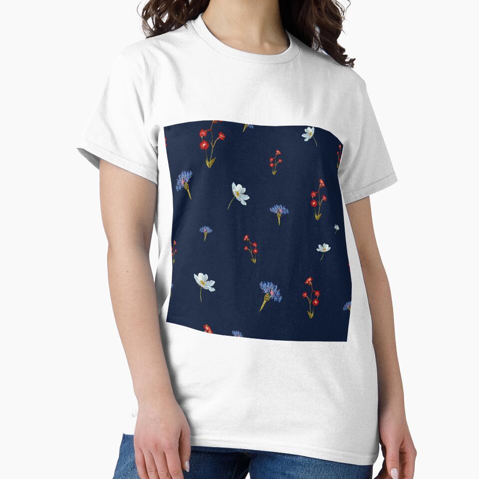 Flower blue red daisy seamless watercolor pattern blue by Yana Mustafina | Boho Soulful Designs T-Shirts,... (Image 2)