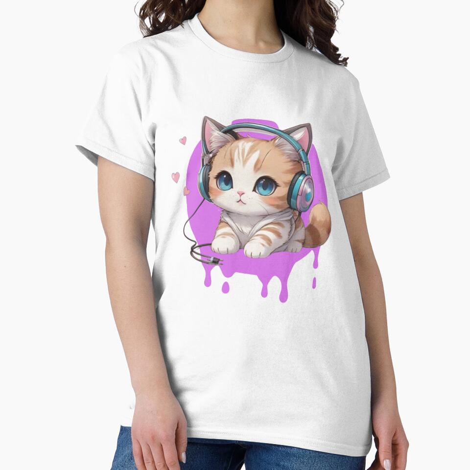 Cute little kitten with headphones in an anime kawaii look by Ecmoprints T-Shirts, Hoodie, Sweatshirt (Image 2)