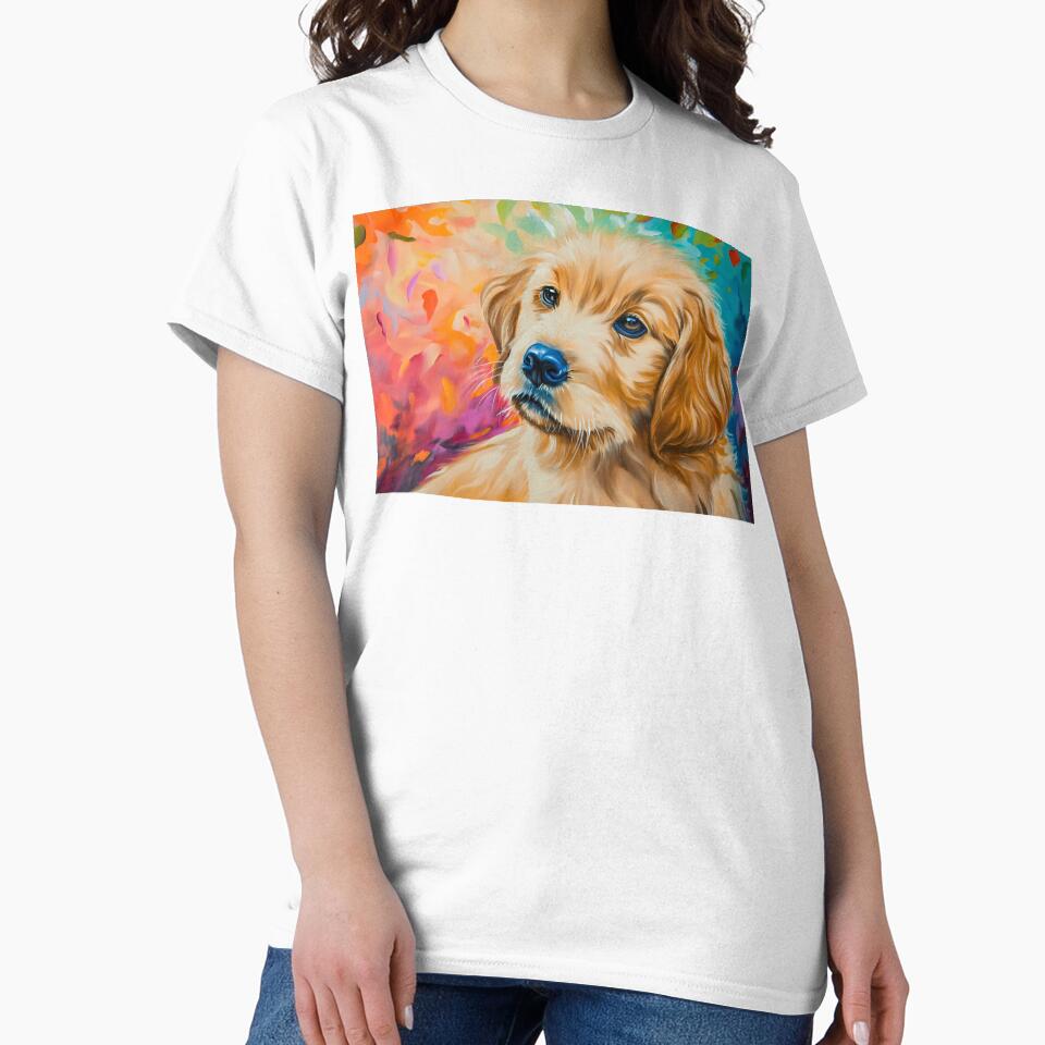 Cute adorable golden retriever puppy, pet dog pup colorful painting artwork art by PictureUp T-Shirts, Hoodie,... (Image 2)