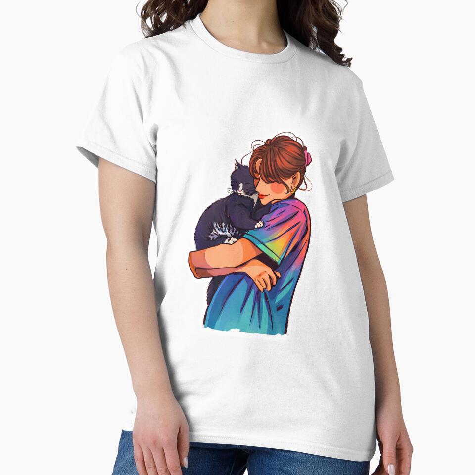Cozy Cat Hug Sticker | Colorful Girl Holding Cat Illustration | Cute Pet Lover Art by Gurjeetpixelart T-Shirts,... (Image 2)