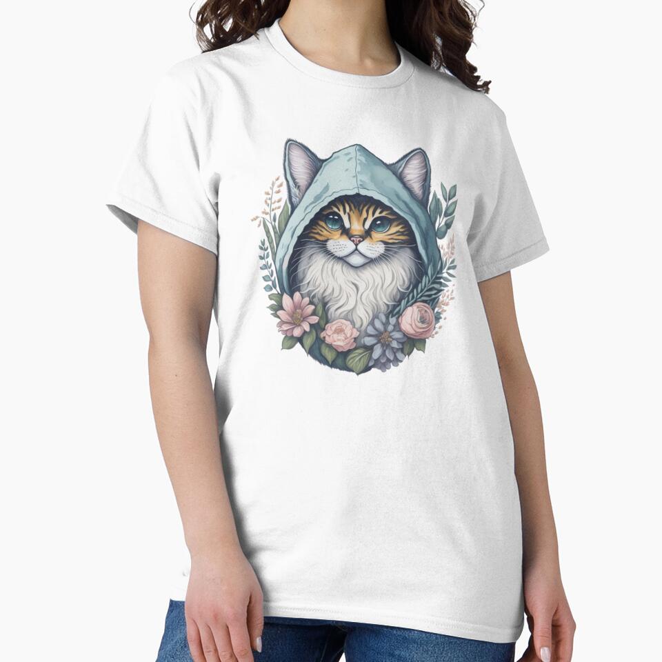 Cute fluffy cat in hoodie - watercolor pastel portrait in retro style. by SaraSumi T-Shirts, Sweatshirt (Image 2)