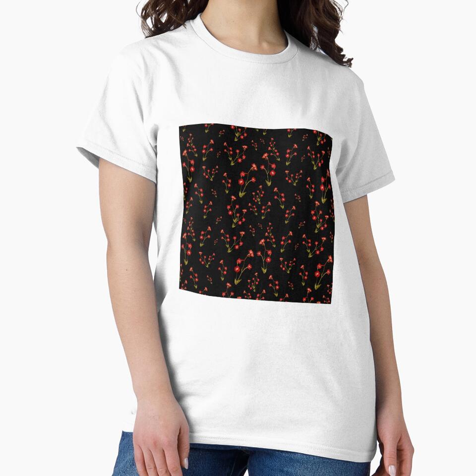 Flower red pattern a cute watercolor illustration black by Yana Mustafina | Boho Soulful Designs T-Shirts,... (Image 2)