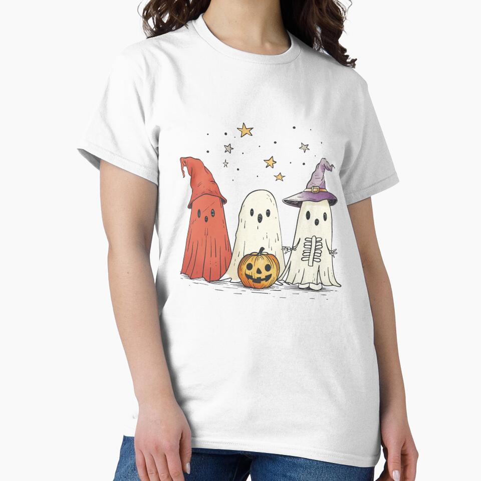 Cute Halloween Ghost Trio – Spooky Friends with Pumpkin and Stars Illustration by EchoofElijah T-Shirts,... (Image 2)