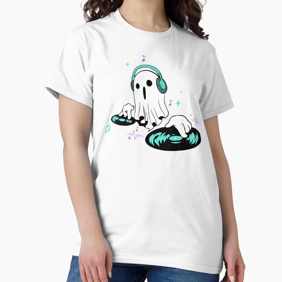 Cute Ghost DJ Cartoon Character Playing Music Vinyl Illustration by hn79 T-Shirts, Hoodie, Sweatshirt (Image 2)