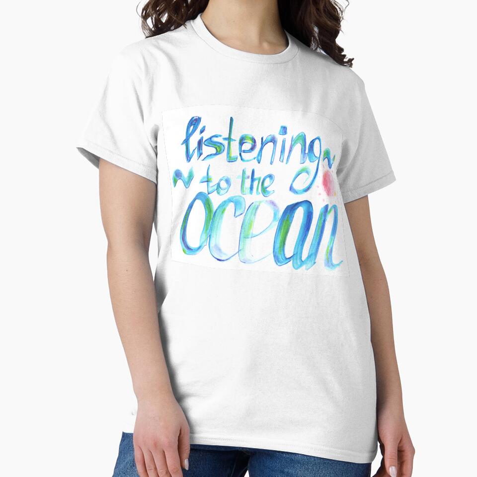 Listening to the ocean lettering | ocean watercolor lettering by lausn T-Shirts, Hoodie, Sweatshirt (Image 2)