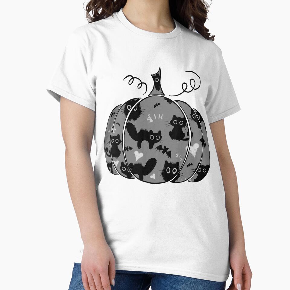 Halloween Pumpkin Design Grey (Black cat, Bats, Ghosts, bones) by Fantasyhaze T-Shirts, Hoodie, Sweatshirt (Image 2)