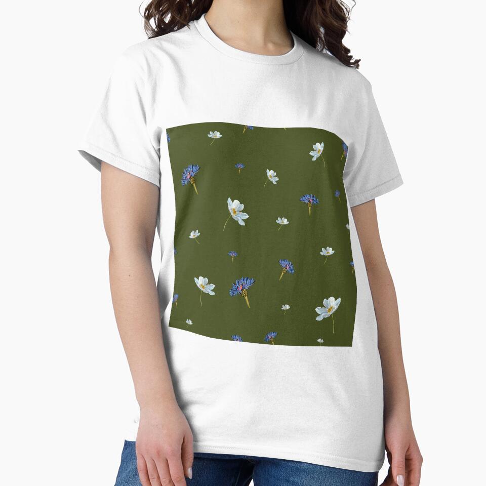 Flower blue daisy pattern seamless a watercolor green by Yana Mustafina | Boho Soulful Designs T-Shirts,... (Image 2)