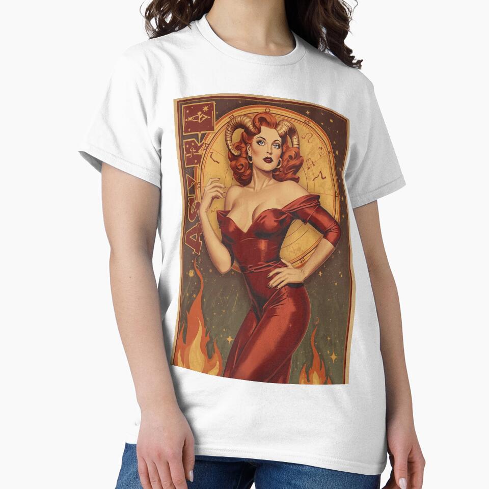 Vintage 1940s Aries Pin Up – Red Haired Beauty Ram Accents Fiery Retro Cosmic Illustration T-Shirts, Hoodie, Sweatshirt