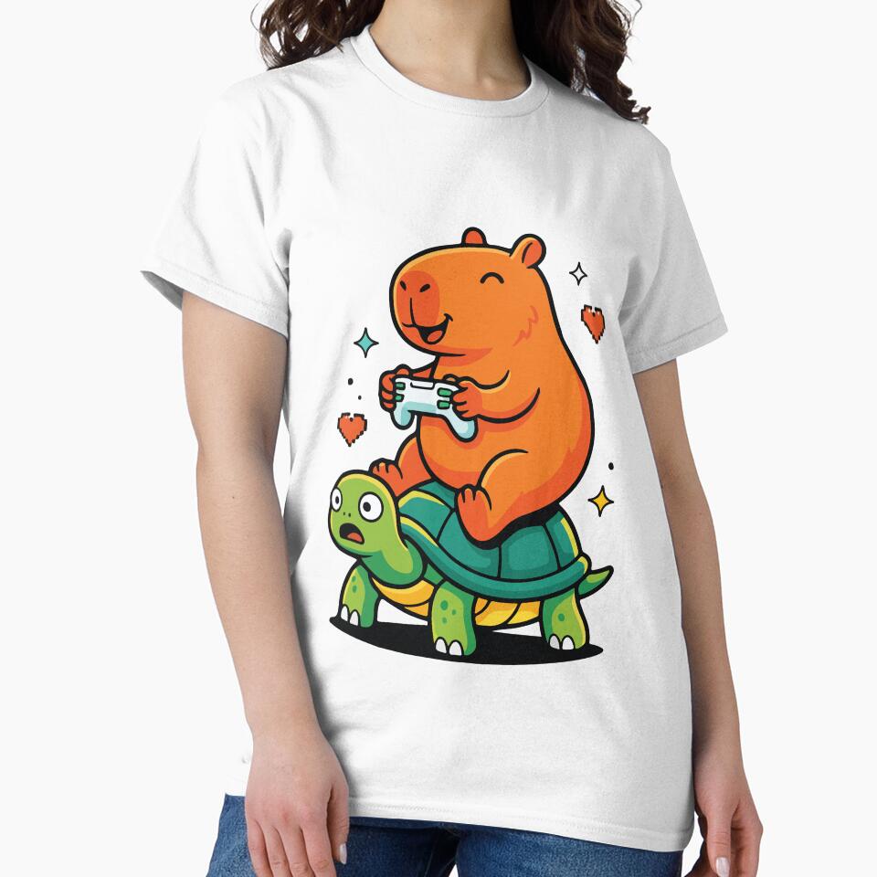 Cute Capybara Gamer Riding Turtle Funny Kawaii Design by kiralynstration T-Shirts, Hoodie, Sweatshirt (Image 2)
