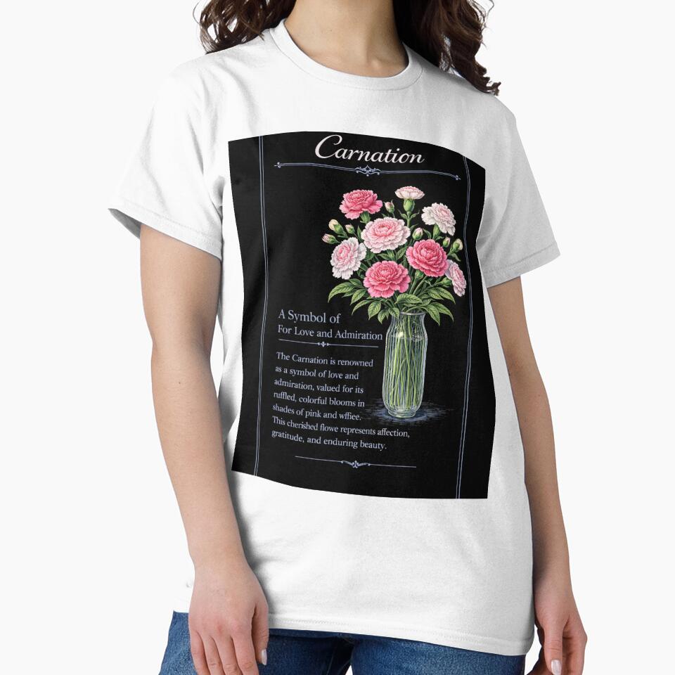 Carnation Botanical Print, Vintage Floral Illustration, Love and Admiration on Black by Prayful T-Shirts,... (Image 2)