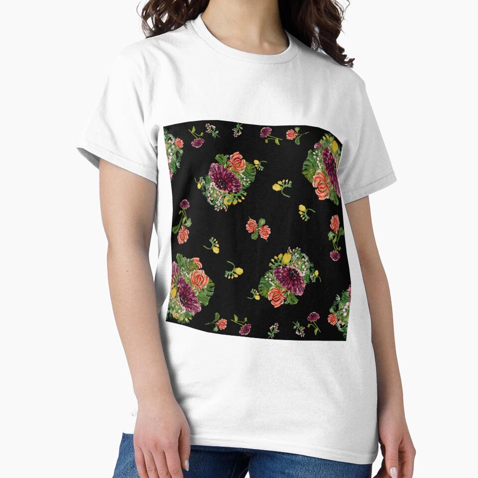 Dahlia palm flower pattern a watercolor black by Yana Mustafina | Boho Soulful Designs T-Shirts, Hoodie, Sweatshirt (Image 2)