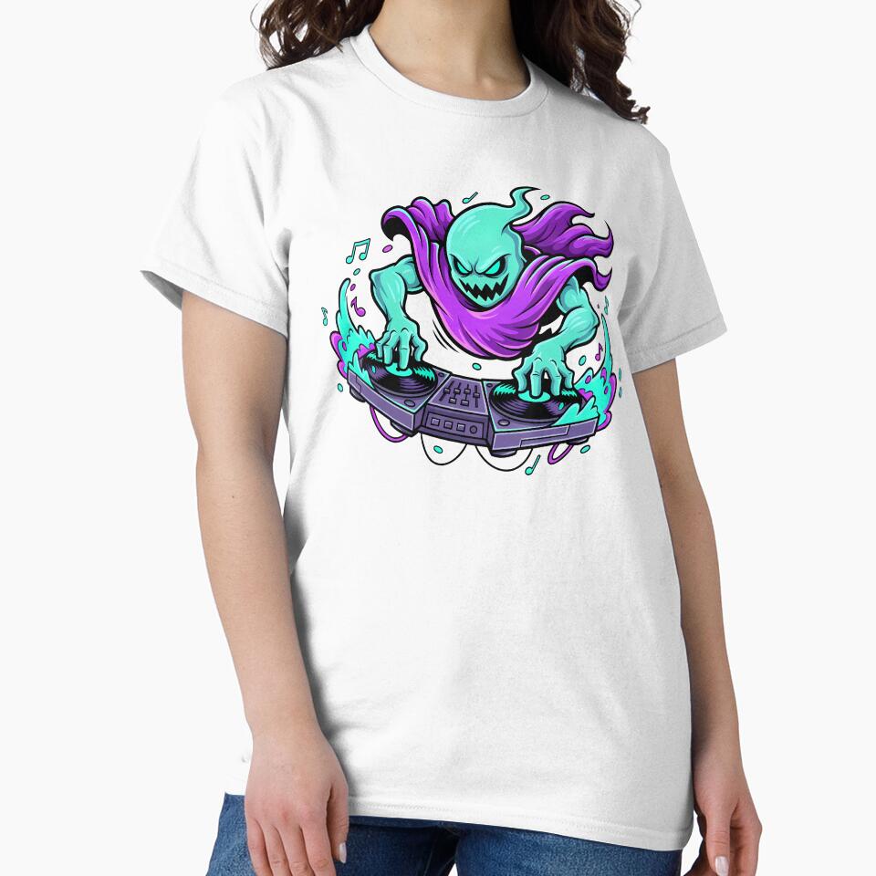 DJ Ghost Illustration – Spooky Music Spirit Mixing on Turntables Neon Art by hn79 T-Shirts, Hoodie, Sweatshirt (Image 2)