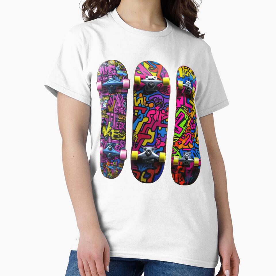 Three aesthetic skateboard graphics featuring retro 90s style, bold colors, and vintage appeal for unique deck... (Image 2)