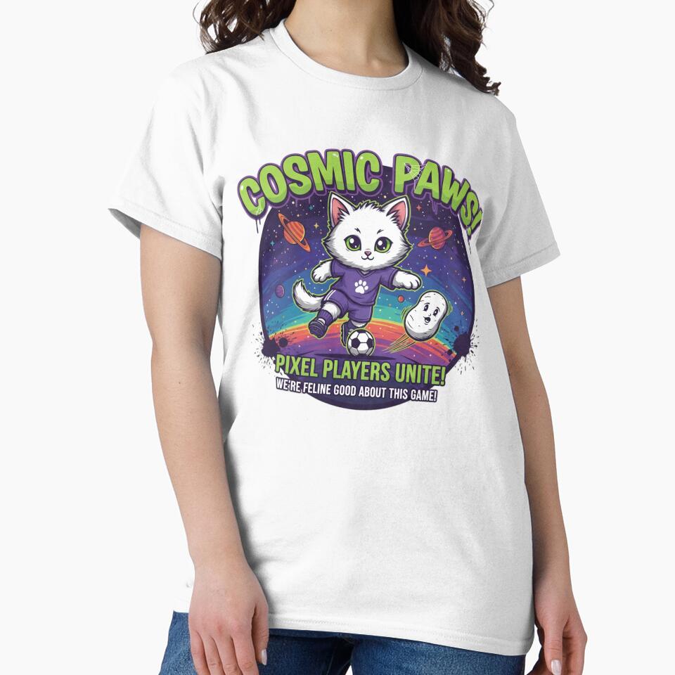 Cosmic Paws Soccer Cat – Cute Space Gamer Pixel Players Unite by Dezyra Clothing