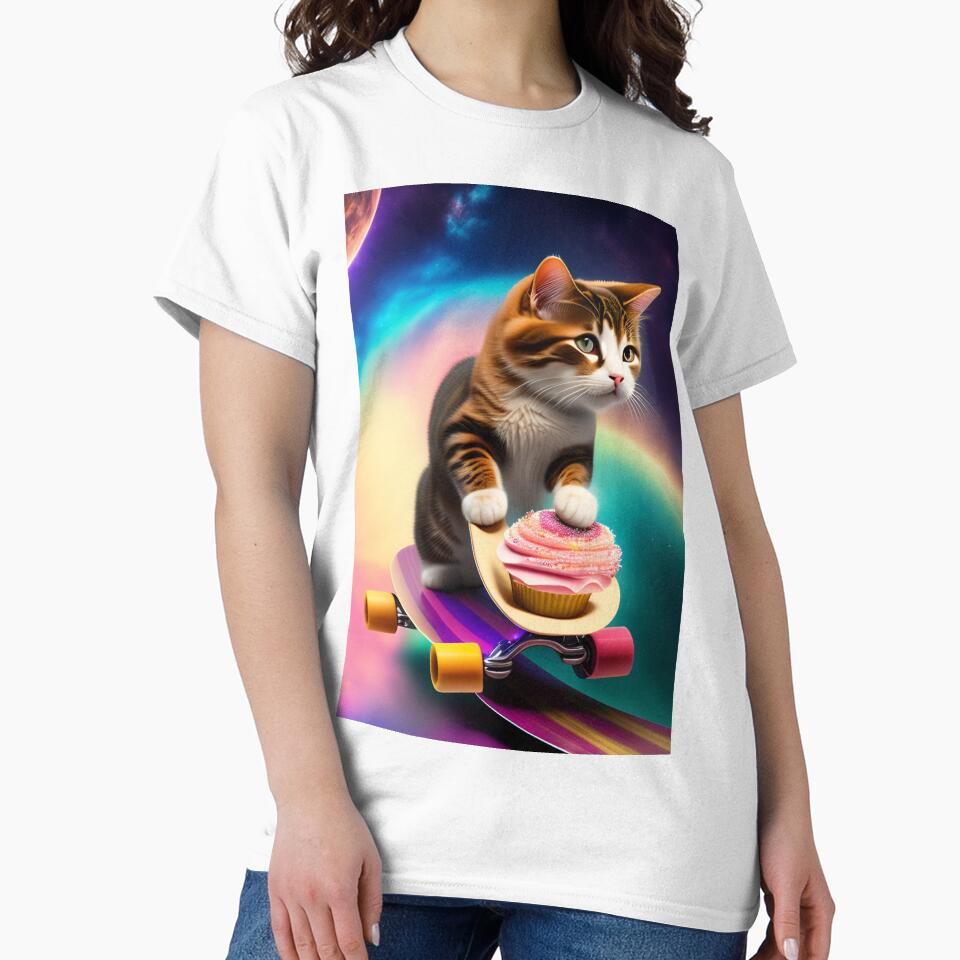 Cat riding a skeatbord in space with cupcakes by Puppy Paws T-Shirts, Hoodie, Sweatshirt | BlankRebels.com (Image 2)