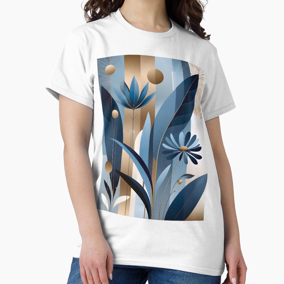 Mid Century Botanical Retro Geometric Leaves  Florals   Icy Blue, Gold by Prints and Lifestyle T-Shirts,... (Image 2)